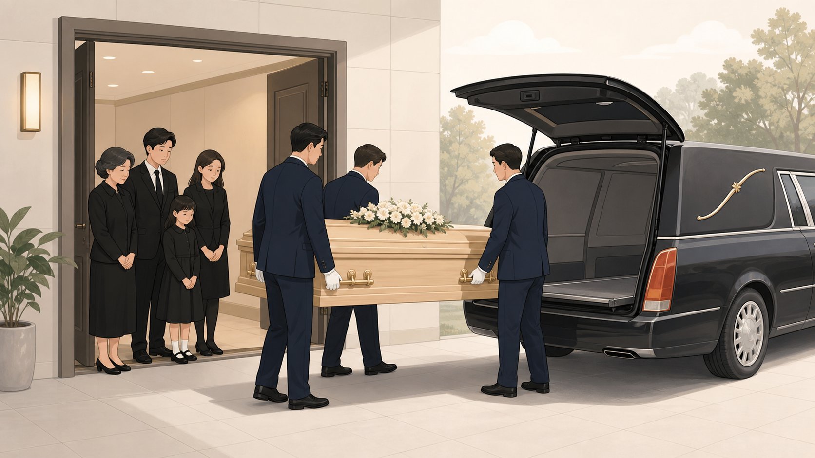 안치실에서 고인을 모시고 바로 영구차로 이동하는 무빈소 운구 일러스트