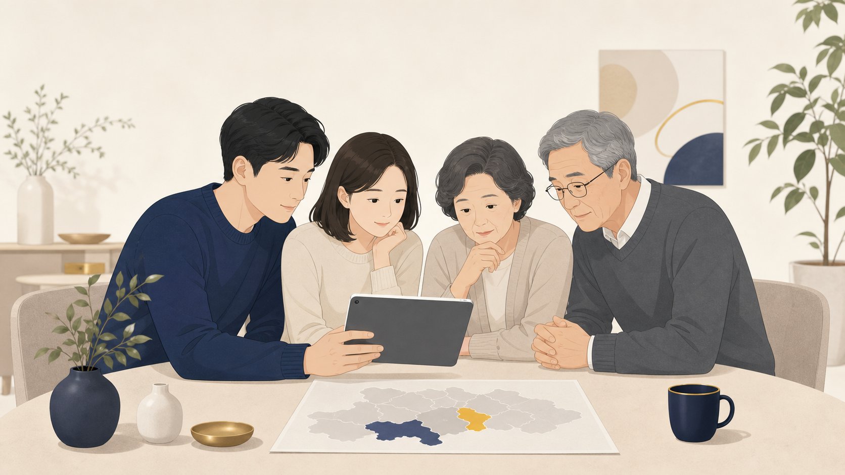 가족이 태블릿으로 충청도 장례식장과 화장장 정보를 확인하는 일러스트