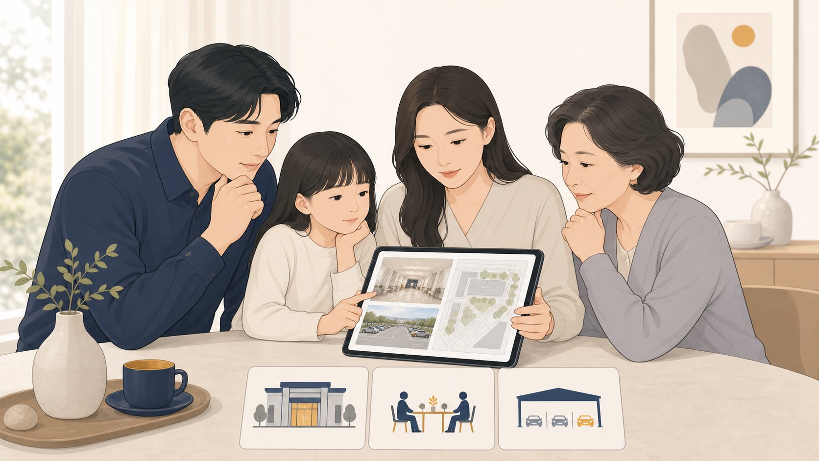 가족이 태블릿으로 넉넉한 빈소와 주차를 갖춘 충청도 장례식장을 비교하는 일러스트