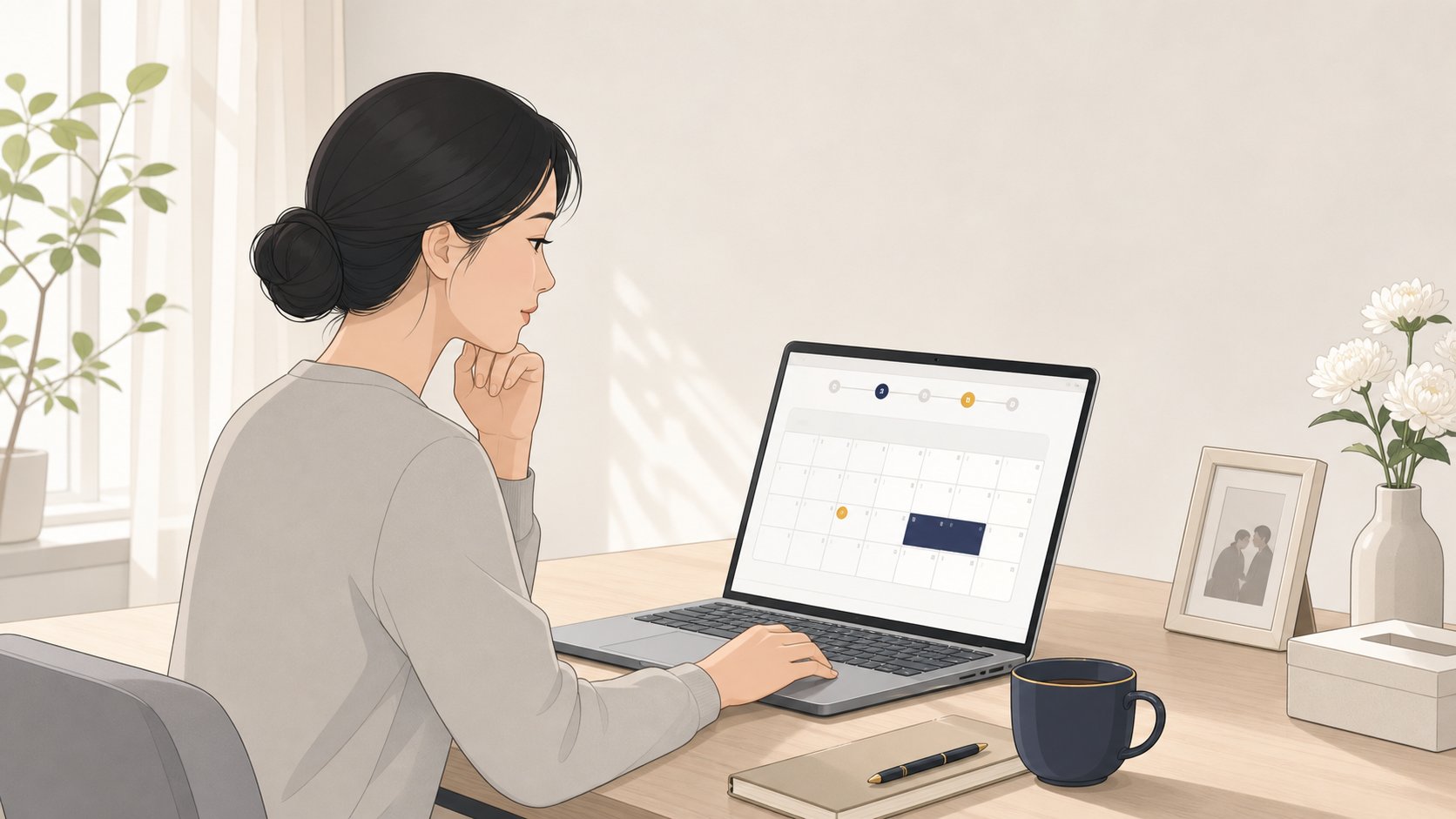 가족이 노트북으로 화장장 예약 가능일을 확인하는 일러스트