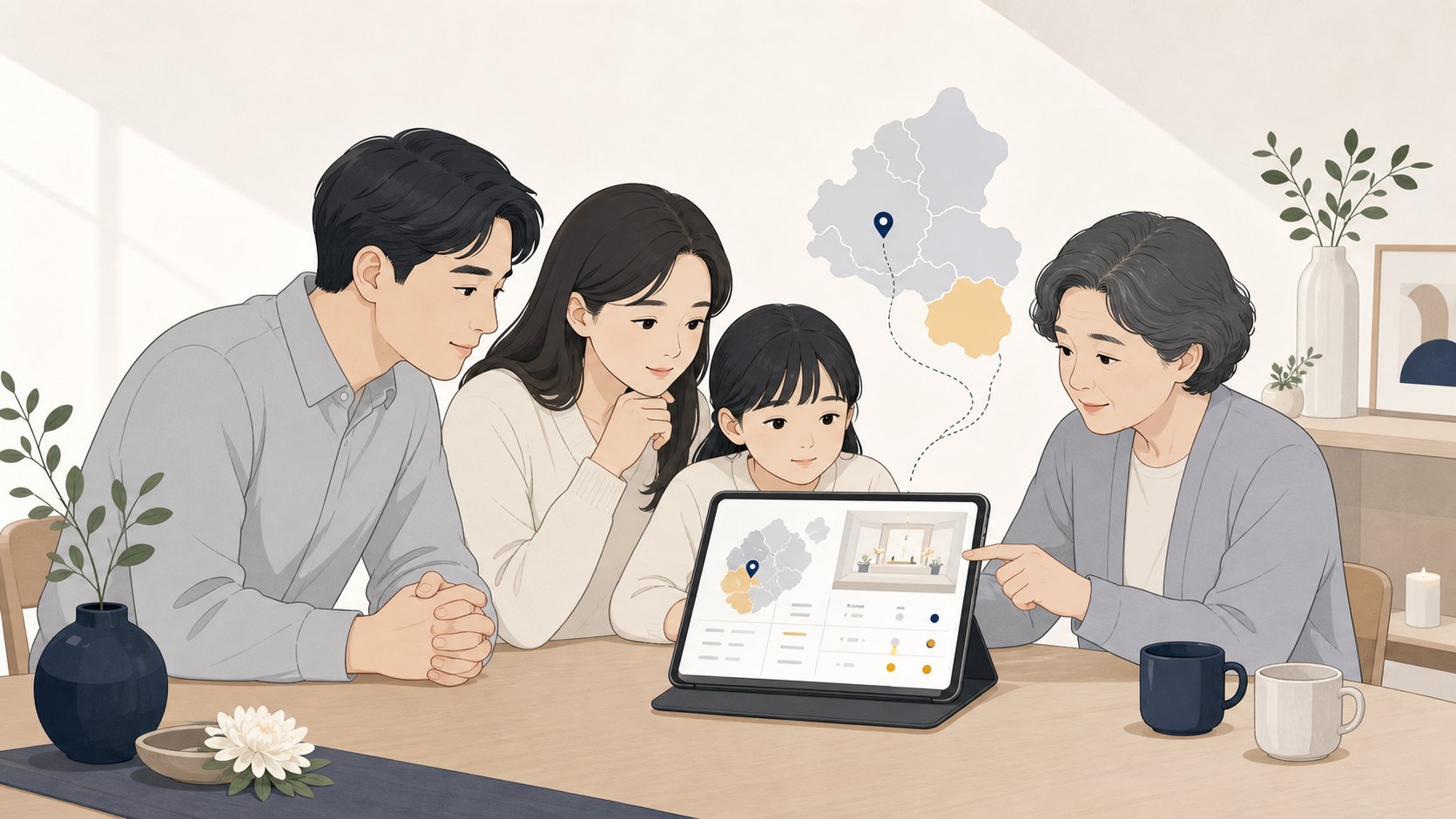 가족이 태블릿으로 충청도 화장 일정과 장례식장 정보를 확인하는 일러스트