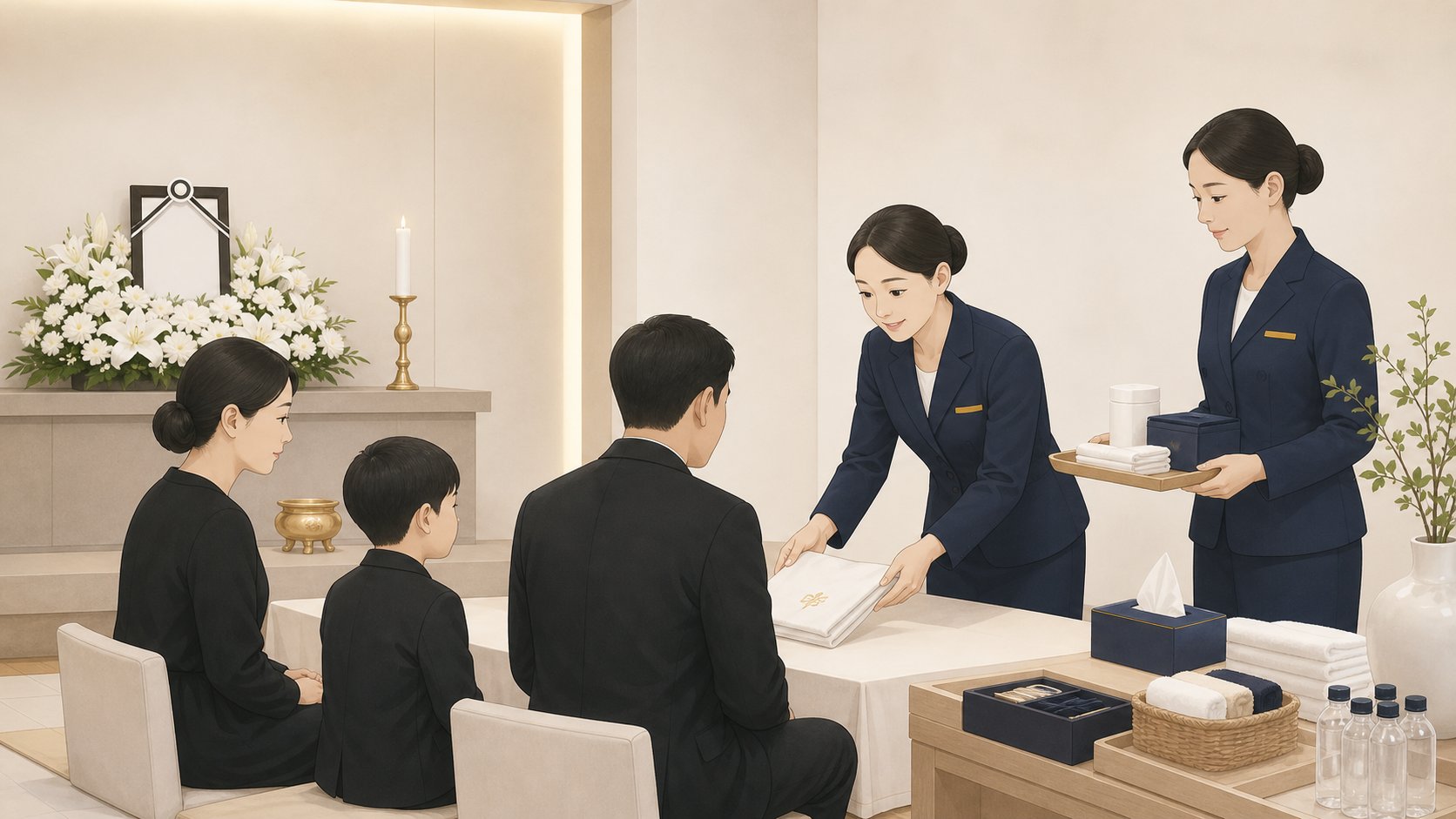 상조 인력이 작은 빈소에서 용품과 접객을 챙기며 가족을 돕는 일러스트