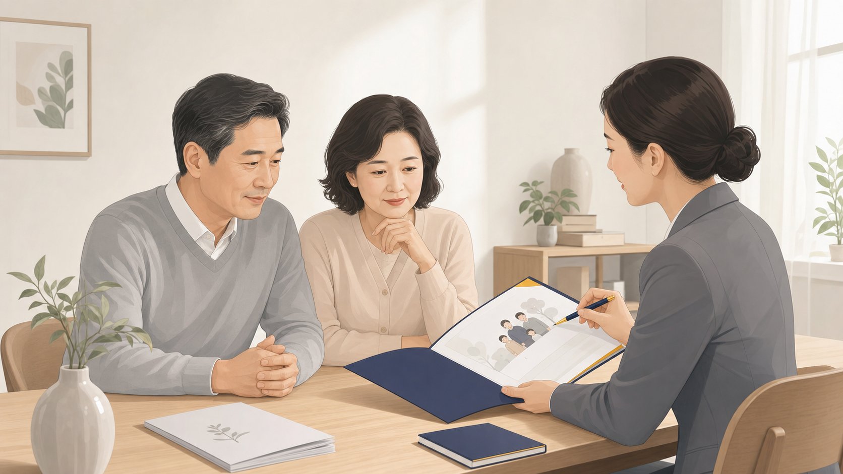 부부가 상담사와 작은 가족장 계획을 살펴보는 일러스트
