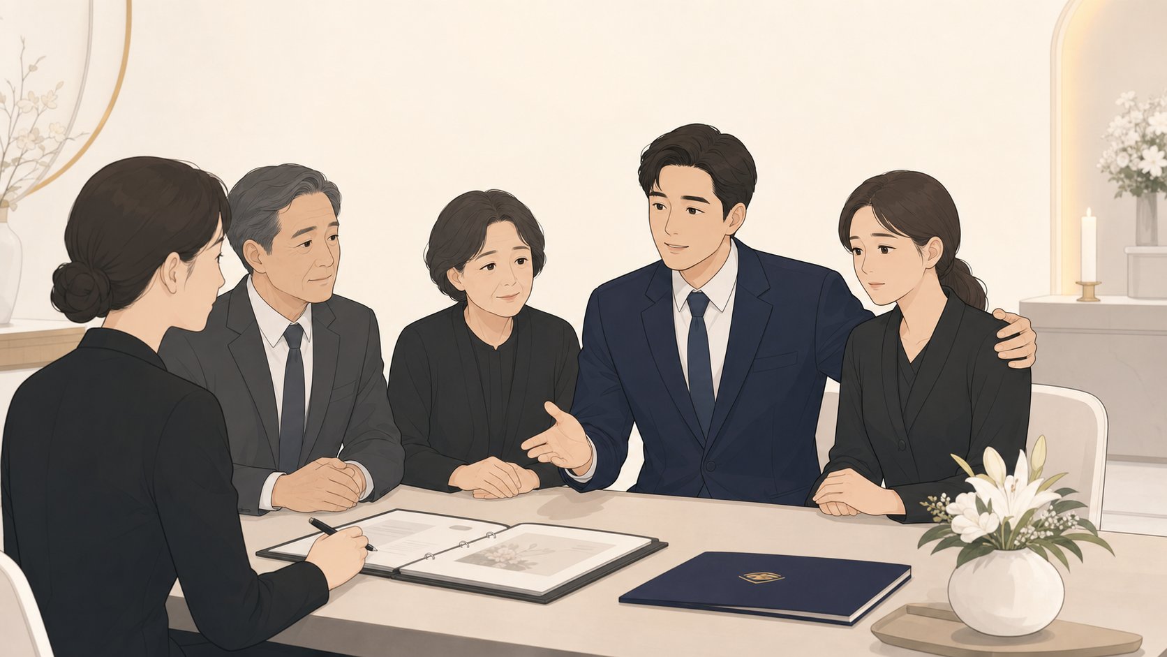 사위가 장례지도사와 장례 진행을 의논하는 일러스트