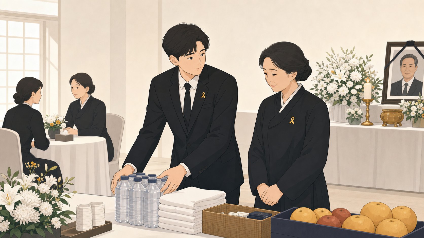 사위가 빈소 접객과 물품을 챙기며 상주를 돕는 일러스트