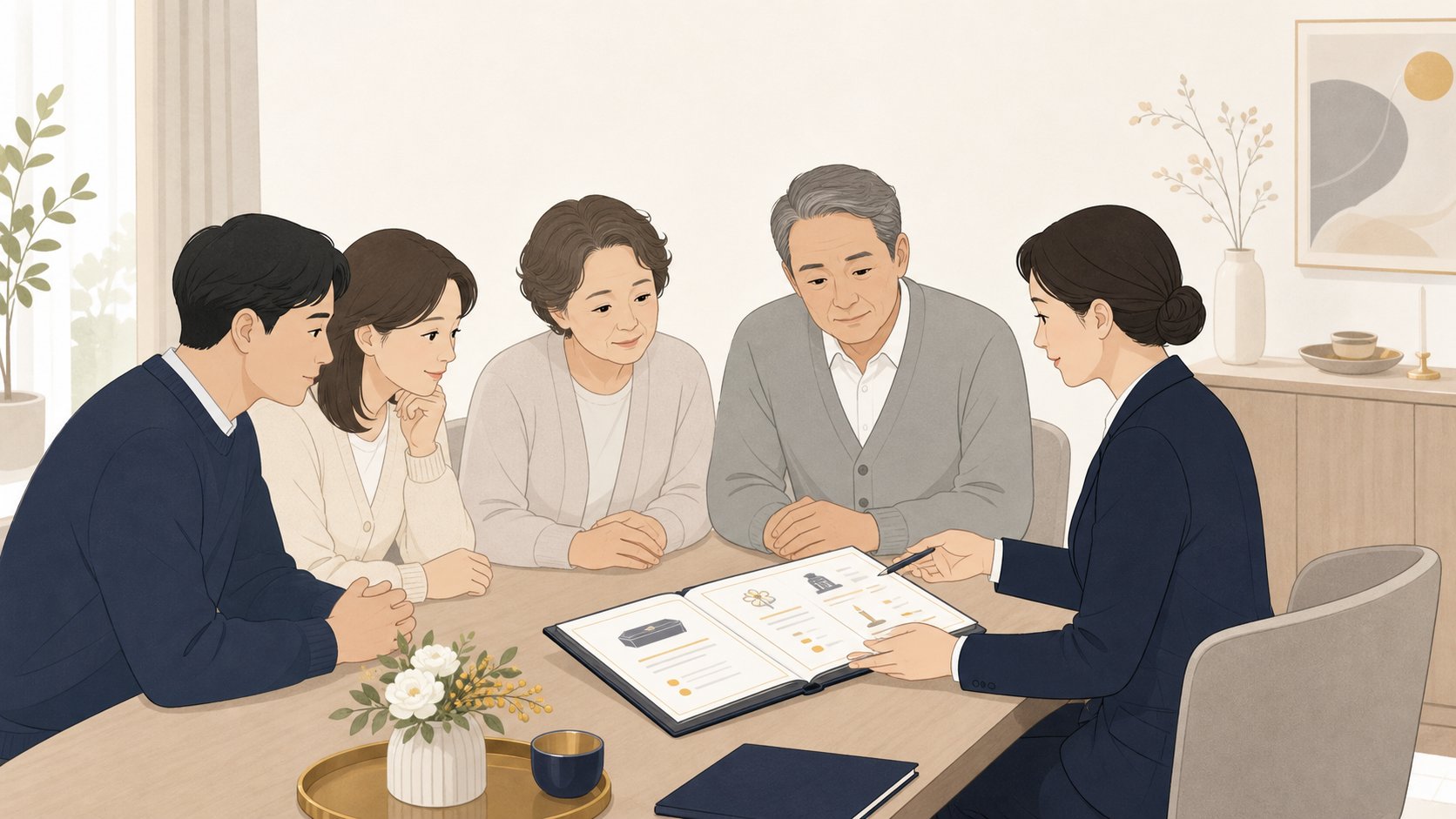 사위와 처가 가족이 상담사와 장례 비용 항목을 살펴보는 일러스트