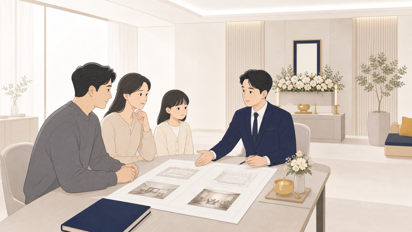 첫날 가족이 장례지도사와 작은 빈소를 차리며 규모를 정하는 일러스트