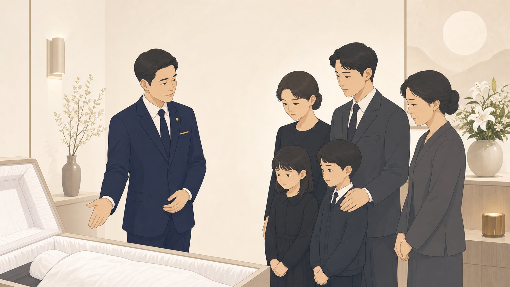 입관실에서 장례지도사의 안내로 가족이 고인과 인사를 나누는 일러스트