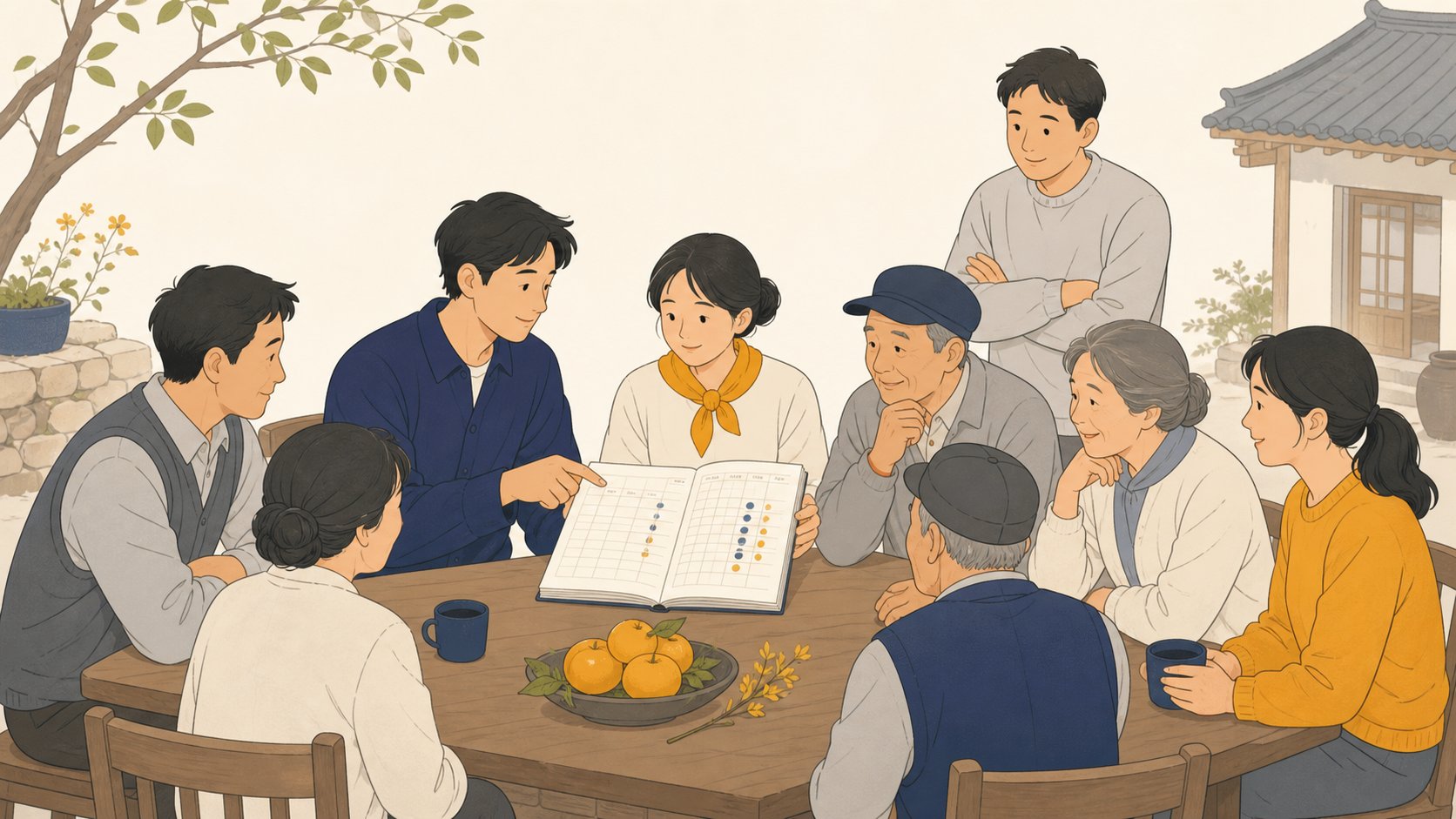 마을 상조회 모임에서 회비 장부를 함께 보는 일러스트