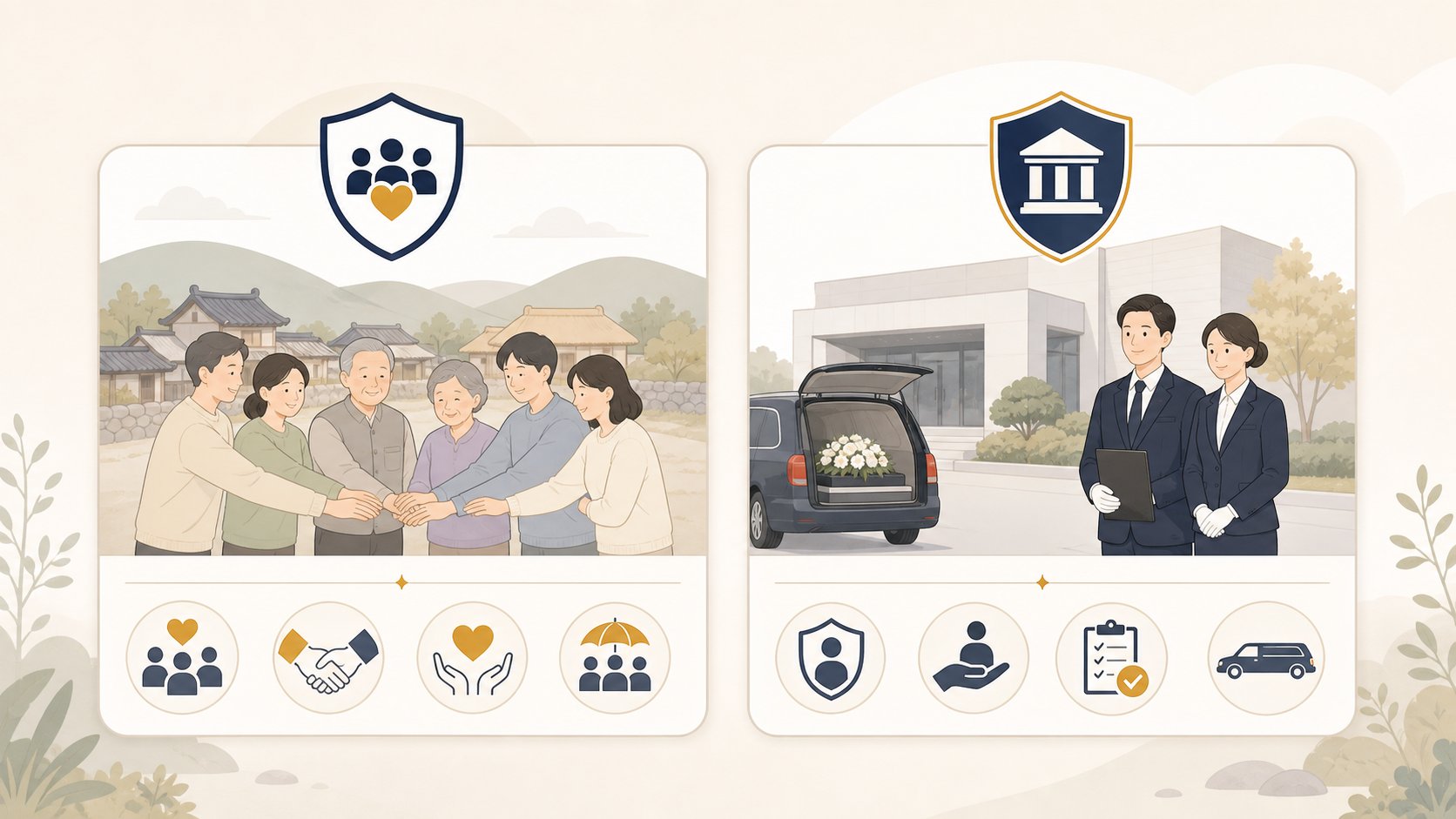 동네 상조회와 정식 상조회사를 보호 장치와 서비스로 비교한 카드 일러스트