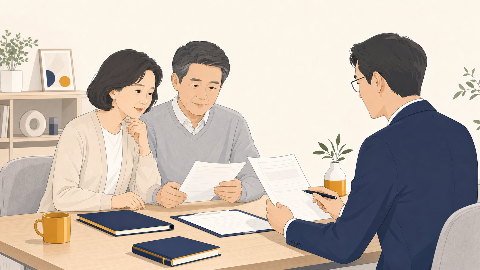 부부가 상담사와 상조 계약서와 선수금 보전 서류를 살펴보는 일러스트