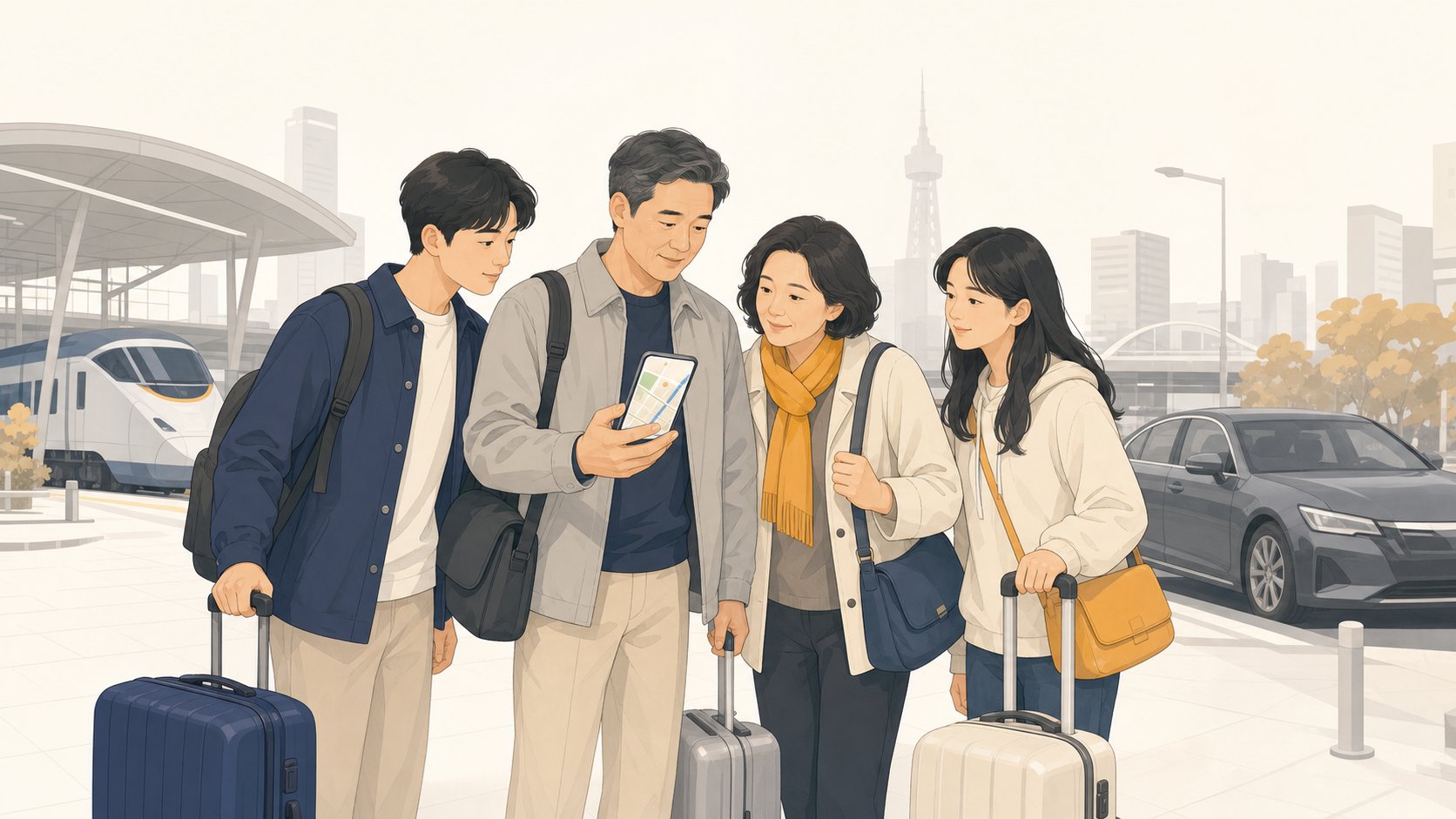 외지에서 청주로 도착해 휴대폰 지도로 동선을 확인하는 가족