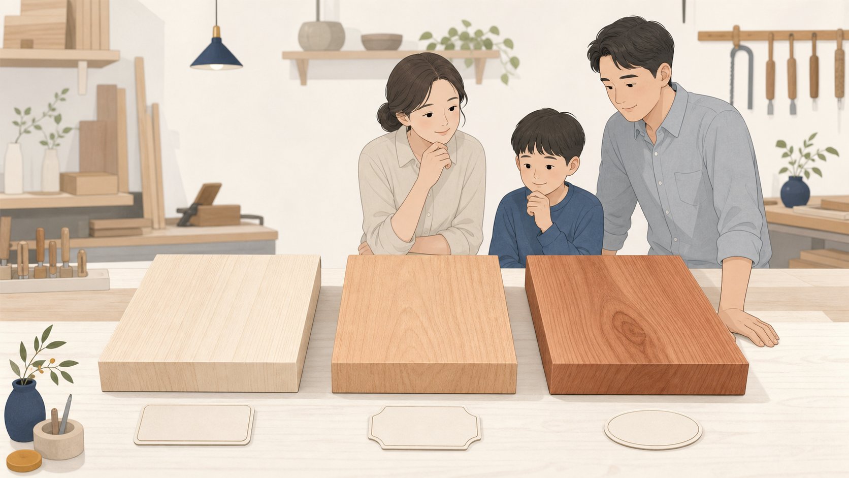 오동나무 향나무 삼나무 목재 샘플을 나란히 비교하는 일러스트