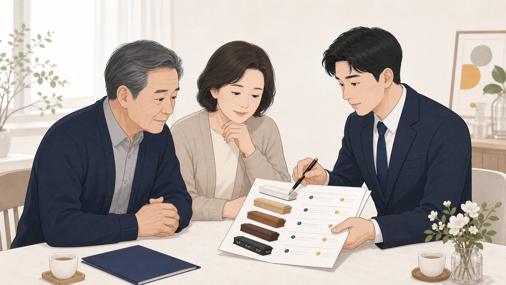 가족이 관 등급별 견적표를 함께 보며 의논하는 일러스트