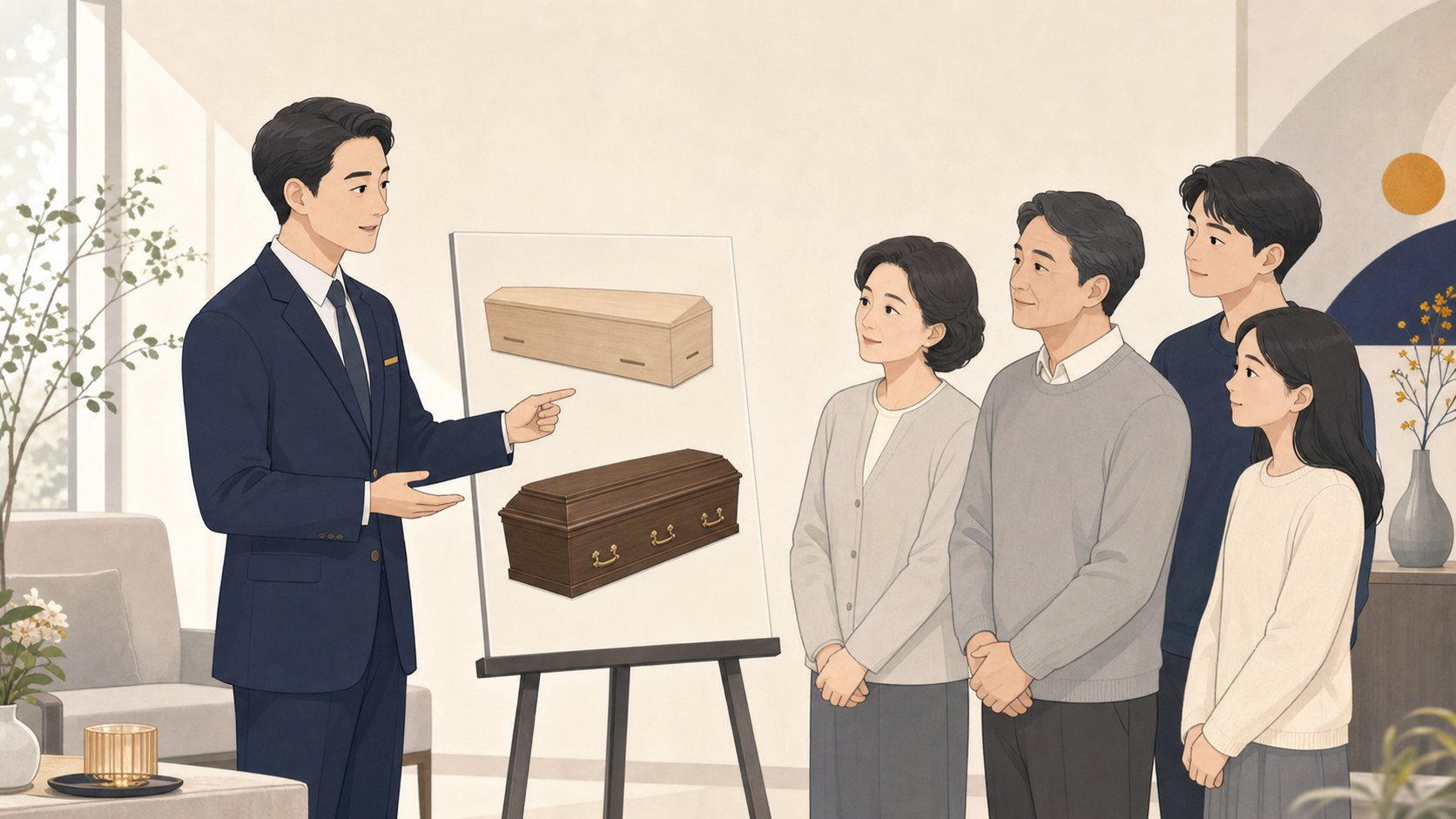 장례지도사가 화장용 관과 매장용 관 차이를 가족에게 설명하는 일러스트