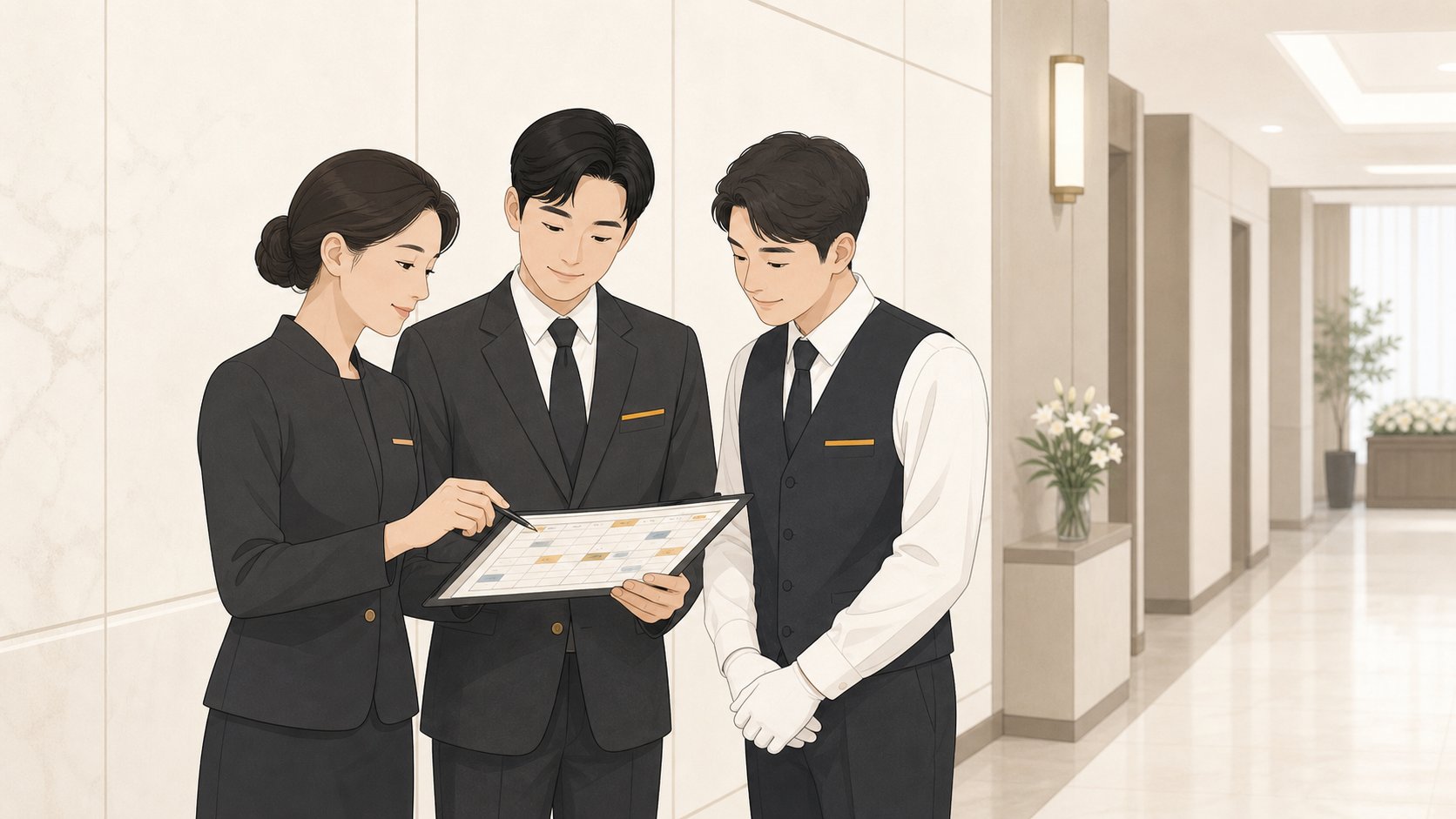 호상과 장례지도사 상조 도우미가 일정표를 보며 역할을 나누는 일러스트