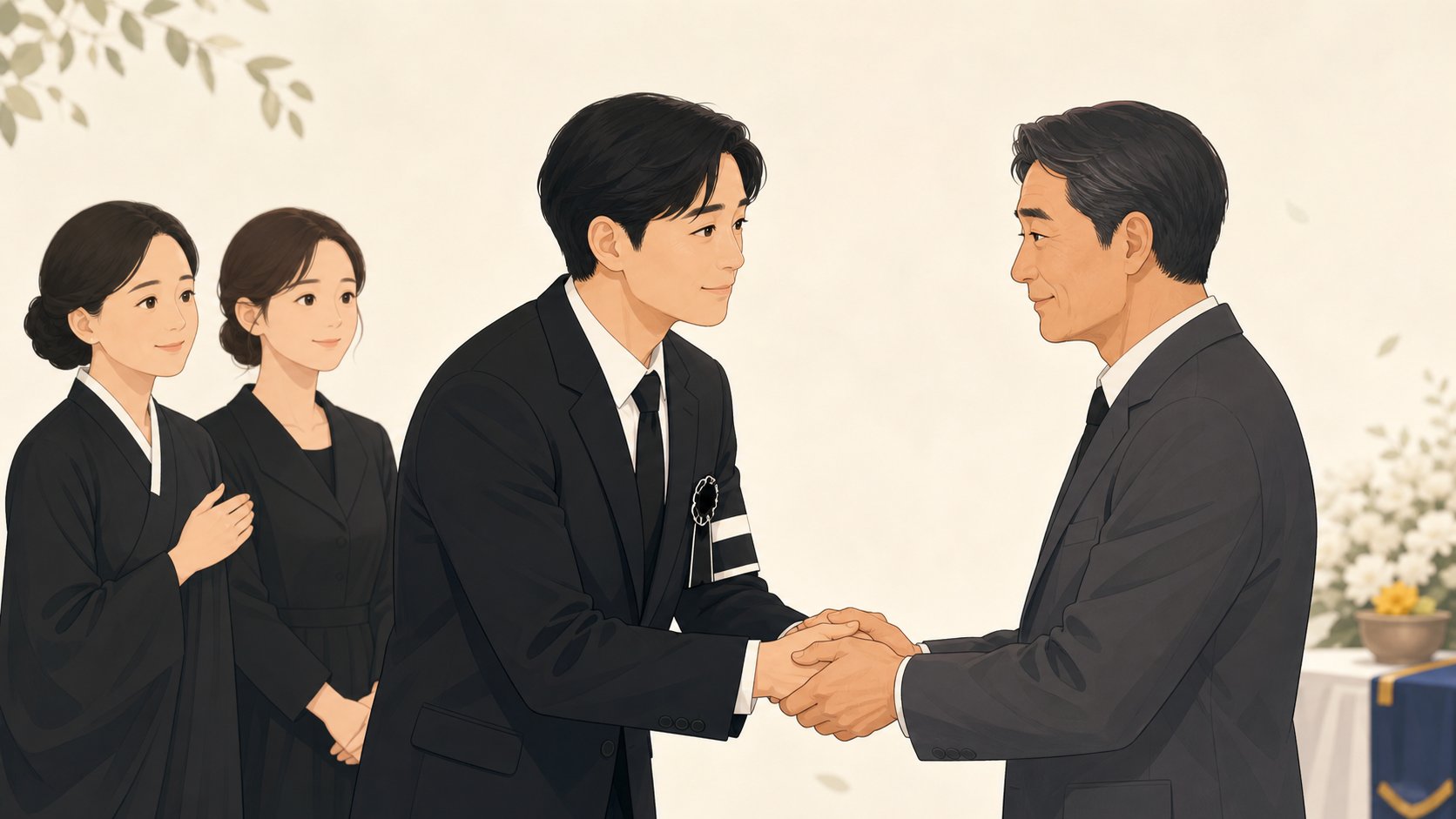 상주가 호상을 맡아 준 지인에게 두 손을 맞잡고 감사를 전하는 일러스트