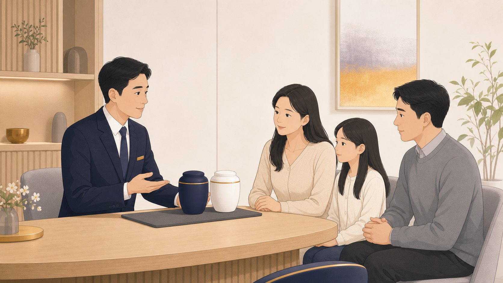 장례지도사가 작은 유골함 두 개로 분골 절차를 설명하는 일러스트
