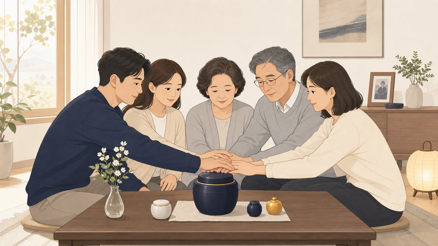 가족이 유골을 어떻게 나눠 모실지 마음을 맞추는 일러스트