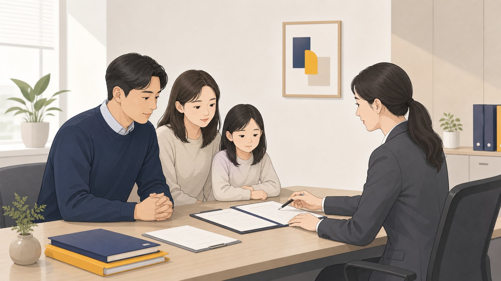 유족이 인사 담당자와 퇴직금 정산 서류를 살펴보는 일러스트