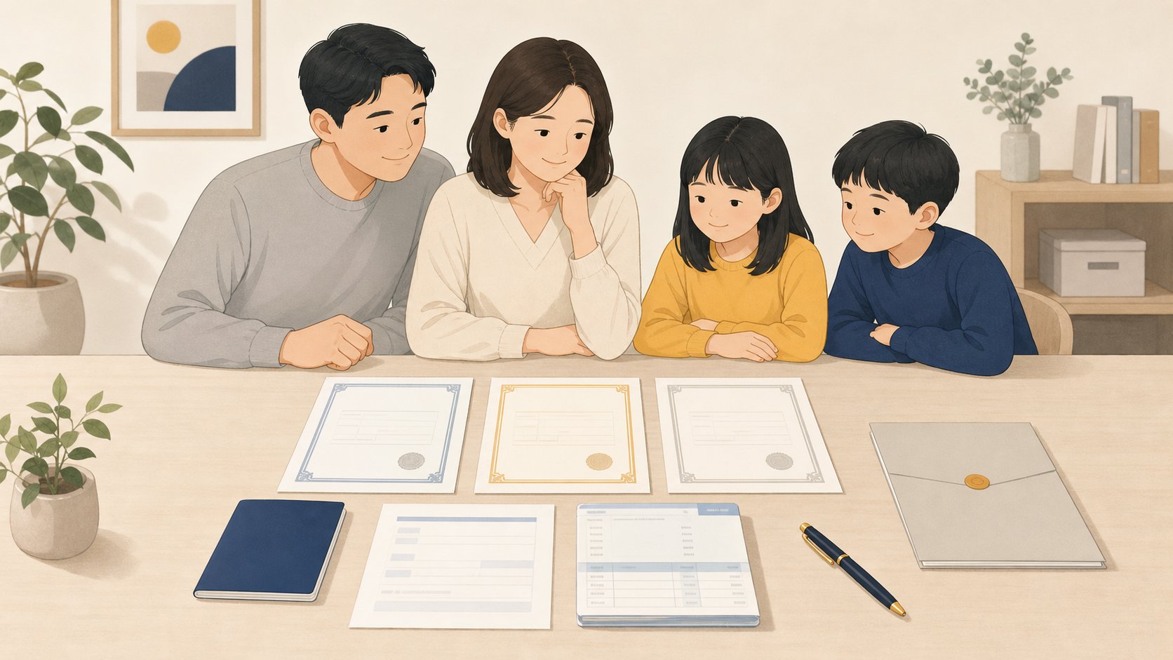 책상 위 사망진단서 가족관계증명서 등 신청 서류가 정돈된 일러스트