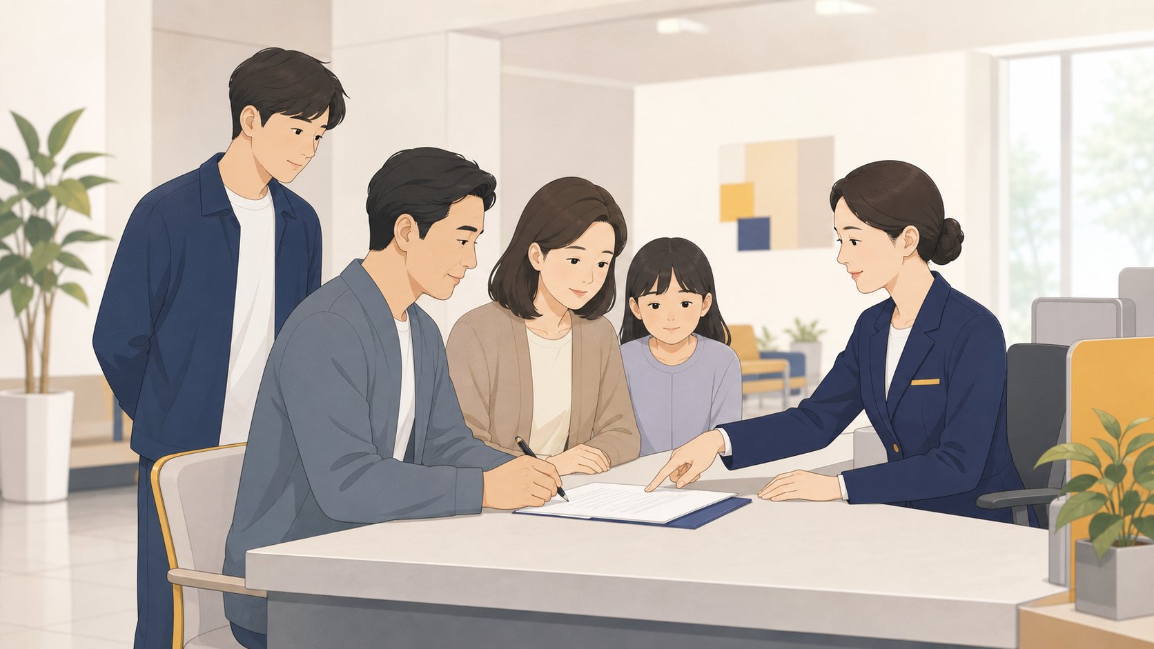 유족이 공단 창구에서 유족급여 신청을 마무리하는 일러스트