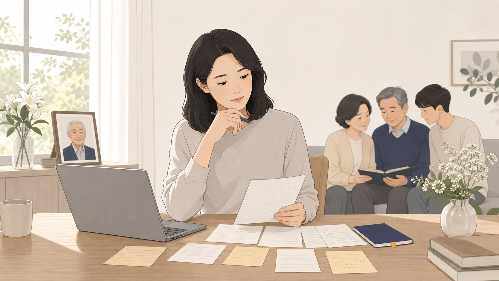 창가에서 추도사 초안을 정리하며 생각에 잠긴 여성 일러스트