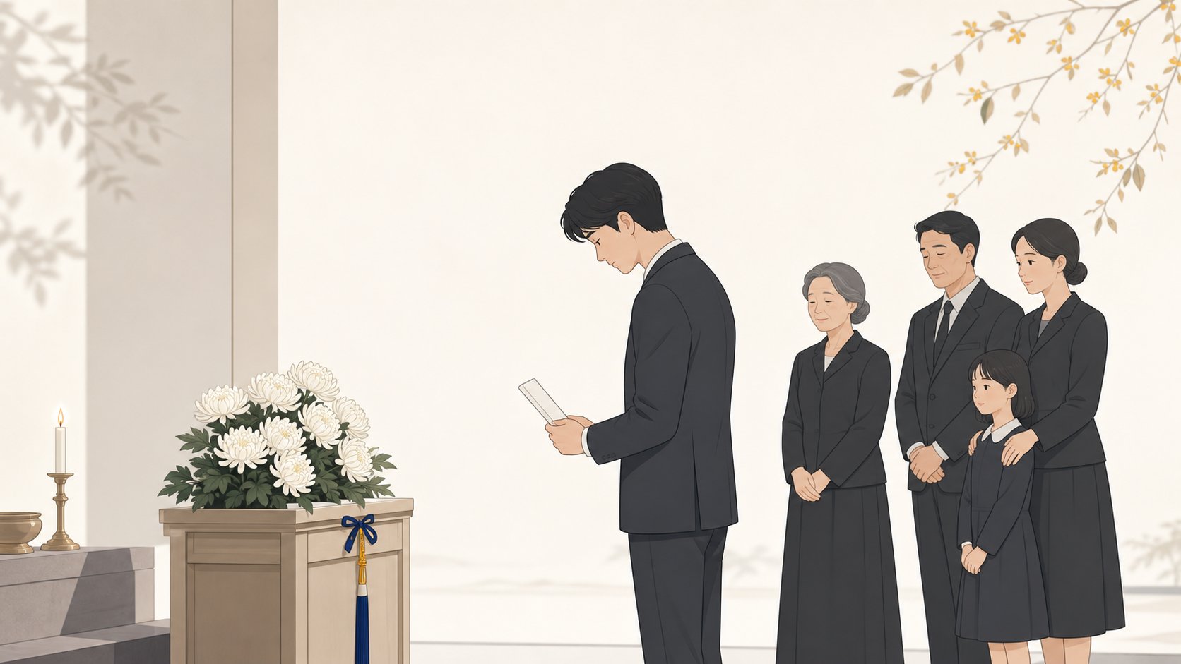 흰 국화가 놓인 단상 앞에서 원고를 들고 마음을 가다듬는 일러스트