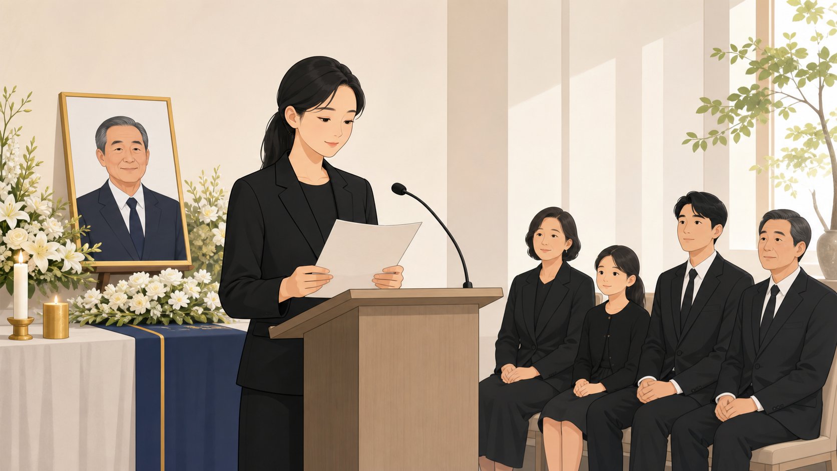 추모식장에서 단상 앞에 서서 추도사를 낭독하는 일러스트