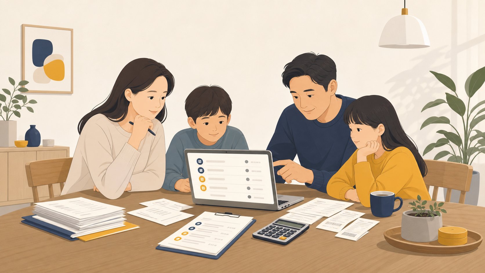 가족이 노트북으로 구독과 통신비 내역을 확인하는 일러스트