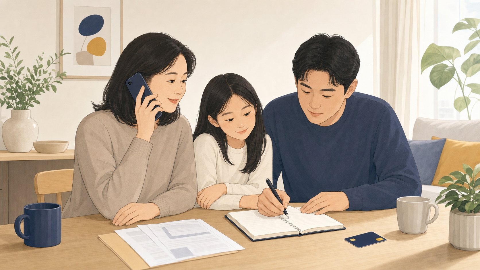 가족이 카드사 고객센터와 통화하며 해지 절차를 적는 일러스트