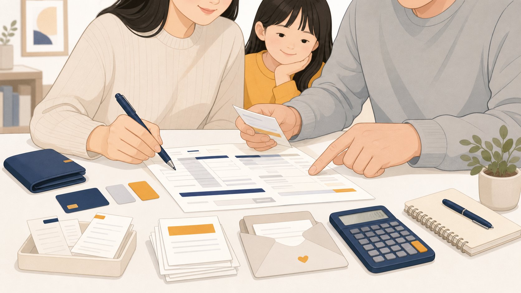 카드 명세서와 계산기로 미납금과 환급액을 정리하는 일러스트