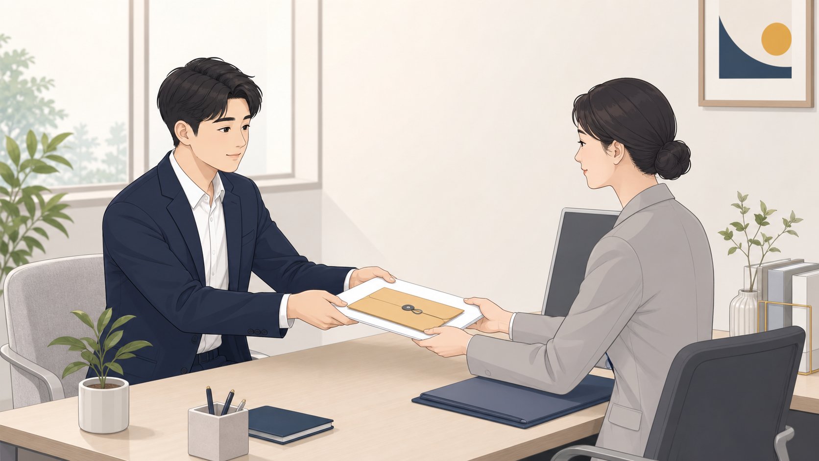 직장인이 인사 담당자에게 경조사 신청서를 제출하는 일러스트