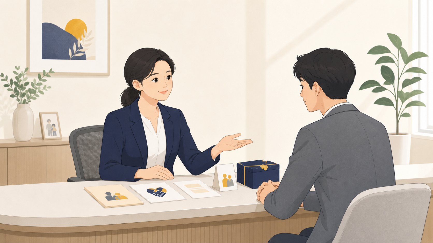 상담 창구에서 노조와 공제회 경조사 지원을 안내하는 일러스트
