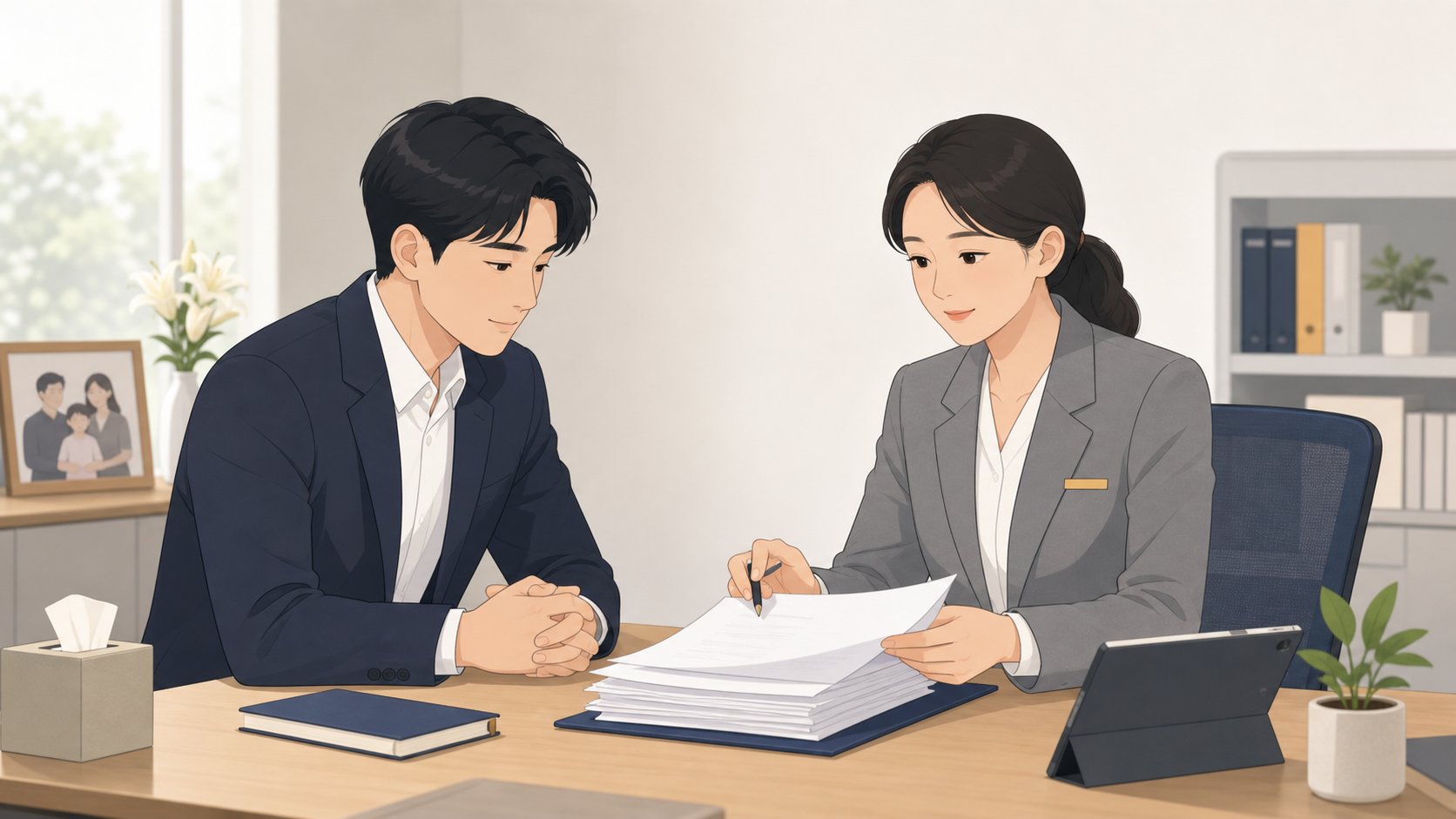 직장인이 복지 담당자에게서 경조금과 경조 휴가 안내를 받는 일러스트