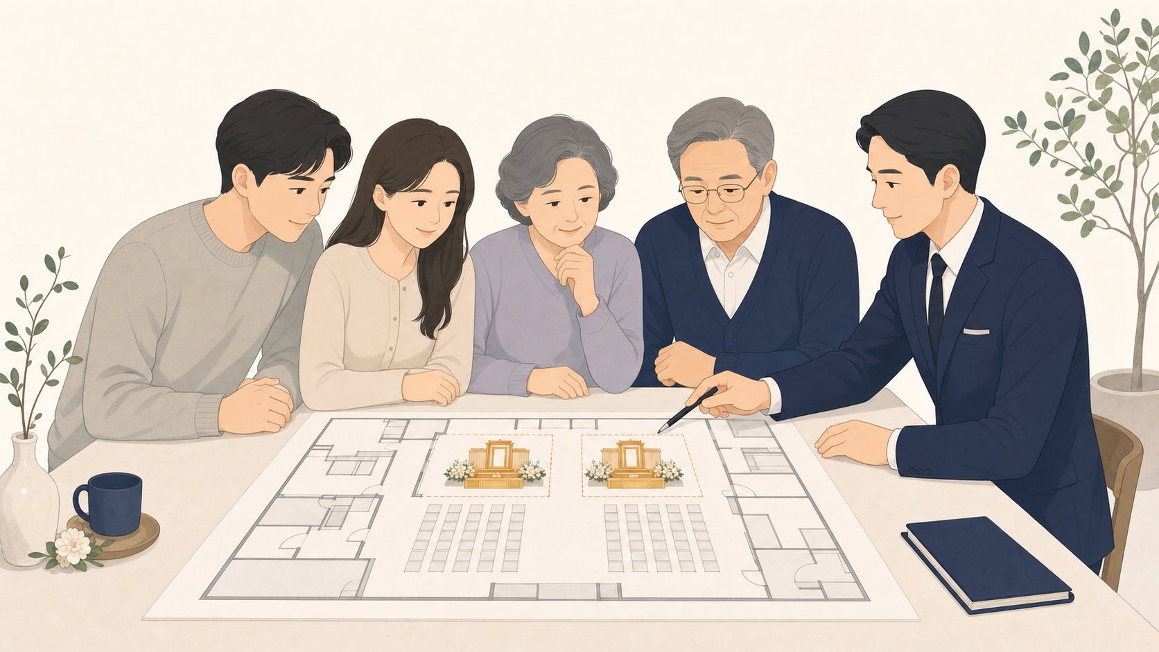가족이 합설 빈소 도면을 보며 두 제단 위치를 의논하는 일러스트