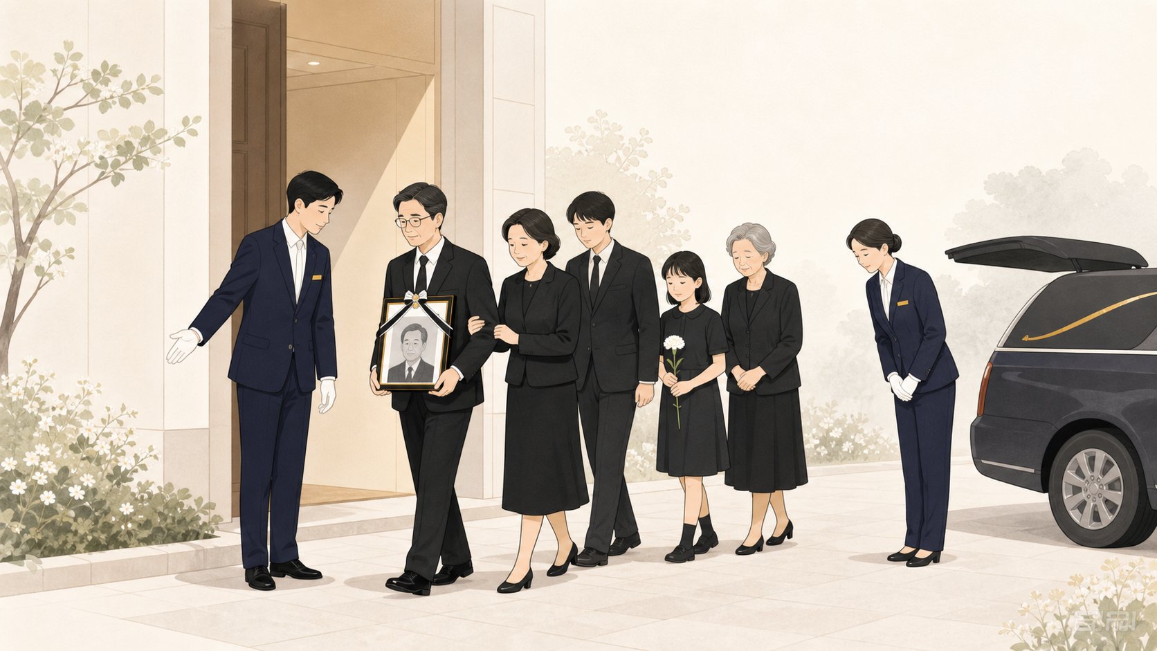 발인 날 가족이 의전 안내로 운구 행렬을 이루어 배웅하는 일러스트