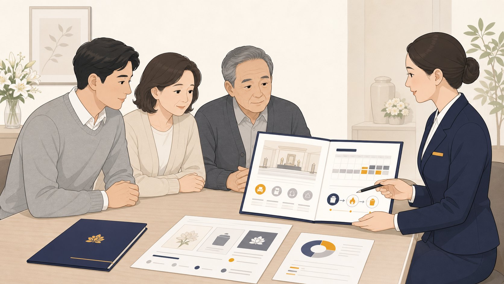 가족이 장례지도사와 빈소 비용과 화장 일정을 함께 살펴보는 일러스트
