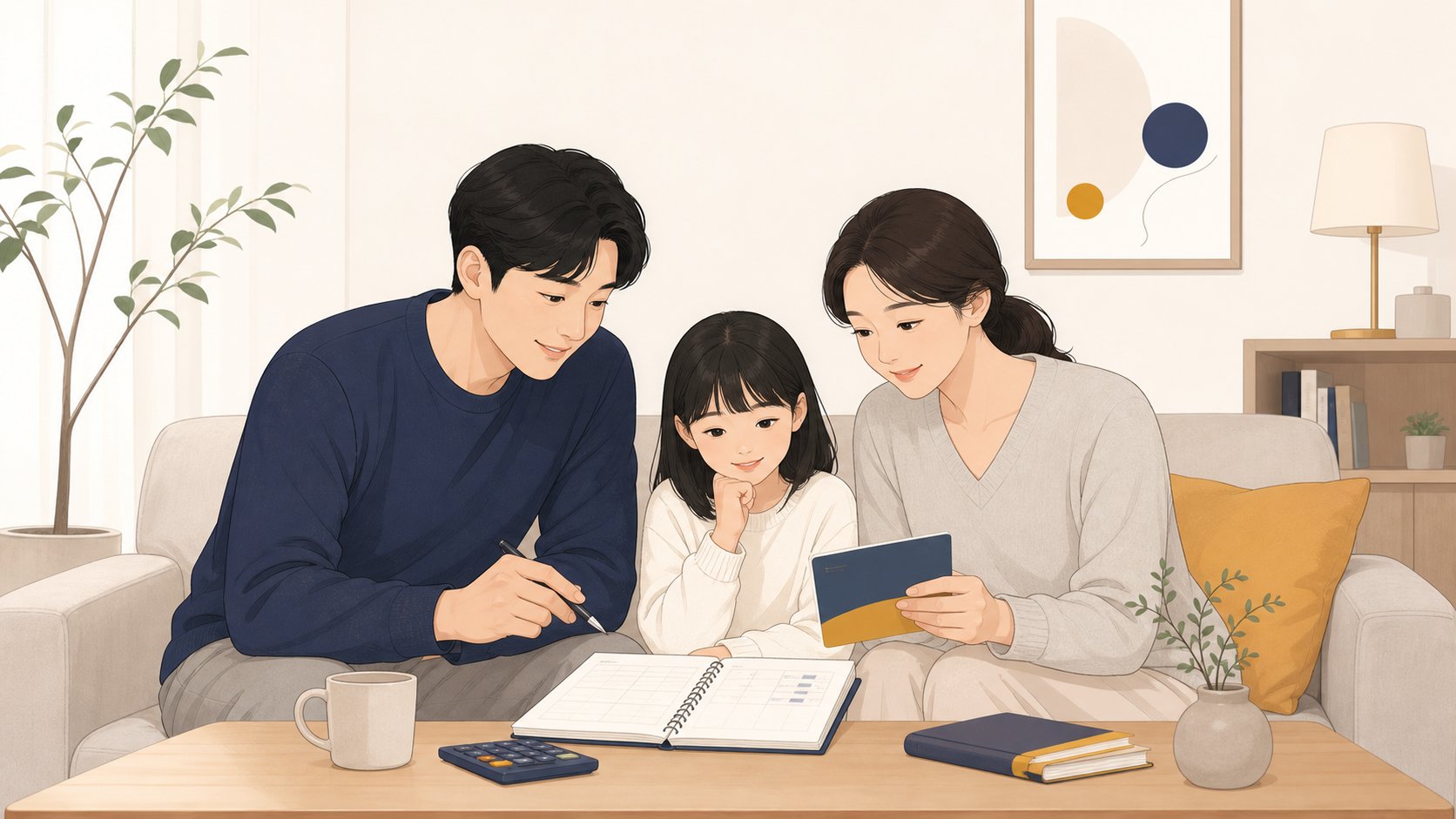 가계부와 통장을 보며 매달 낼 수 있는 금액을 의논하는 가족