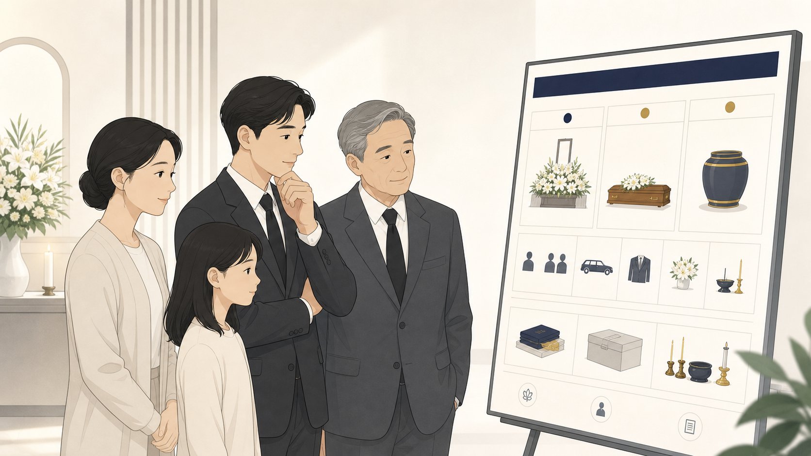 장례식장 패키지 안내판 앞에서 용품과 서비스 구성을 살펴보는 가족
