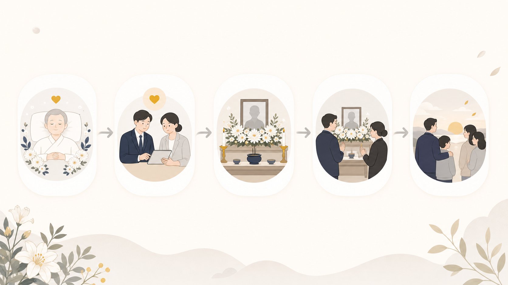 임종부터 빈소 마련, 발인까지 단계가 이어지는 무상조 장례 절차 흐름