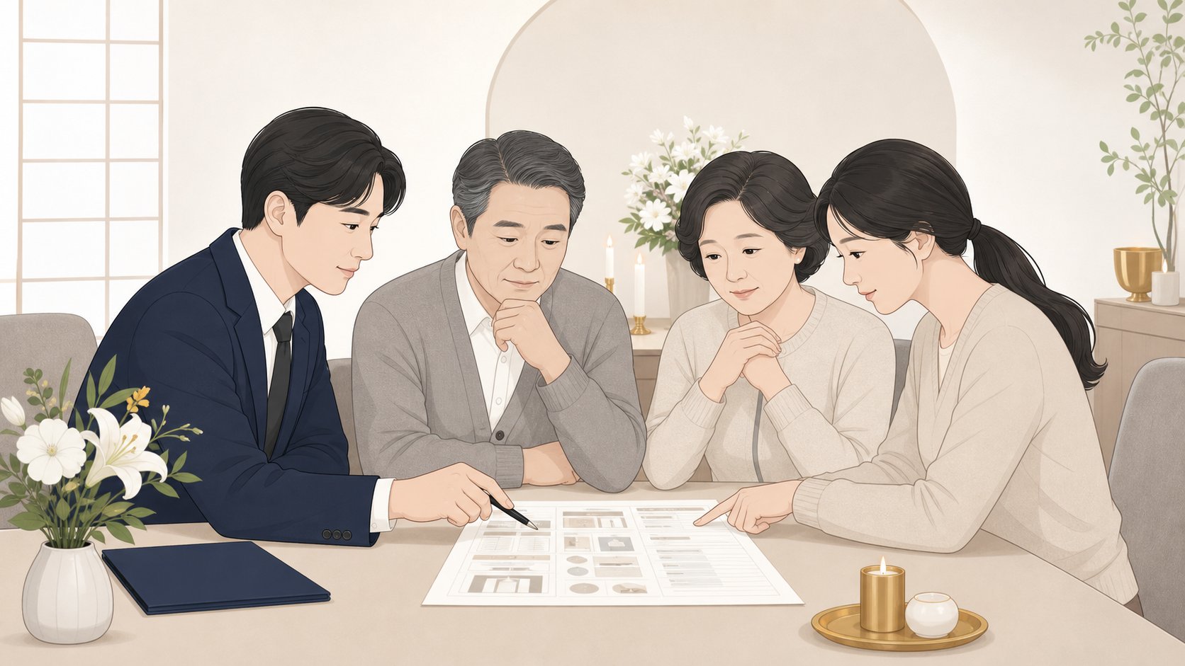 가족이 함께 빈소 견적서를 살펴보며 사용료 항목을 확인하는 장면