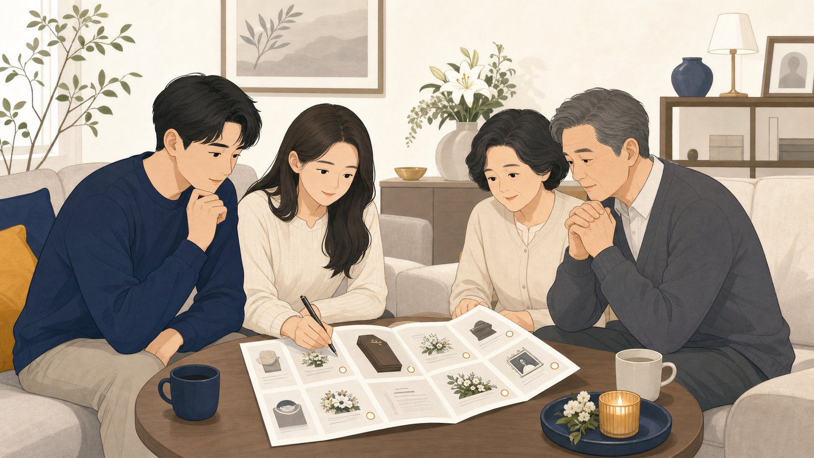 가족이 둘러앉아 상조 상품 설명서를 보며 필요한 항목에 표시하는 장면