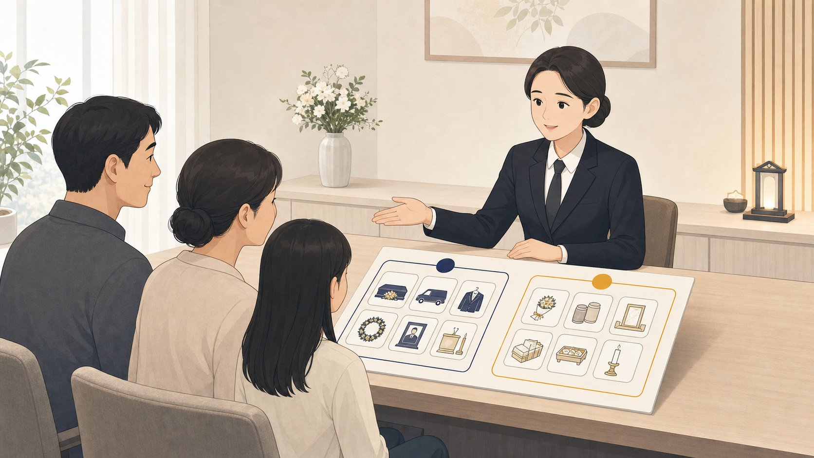 포함 항목과 현장에서 더해지는 항목을 가족에게 설명하는 장면