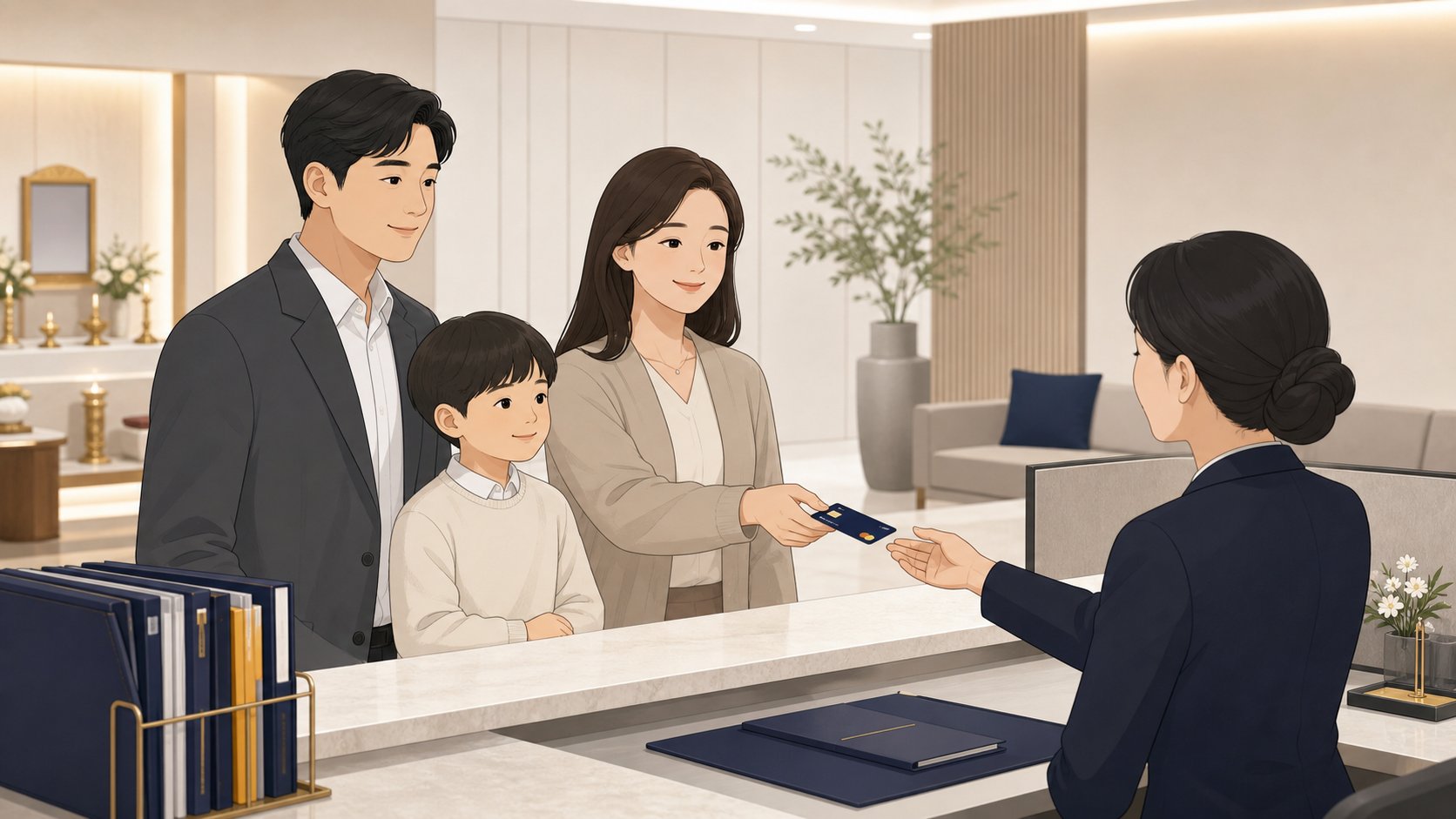 빈소 예약을 위해 예약금을 거는 안내데스크 장면