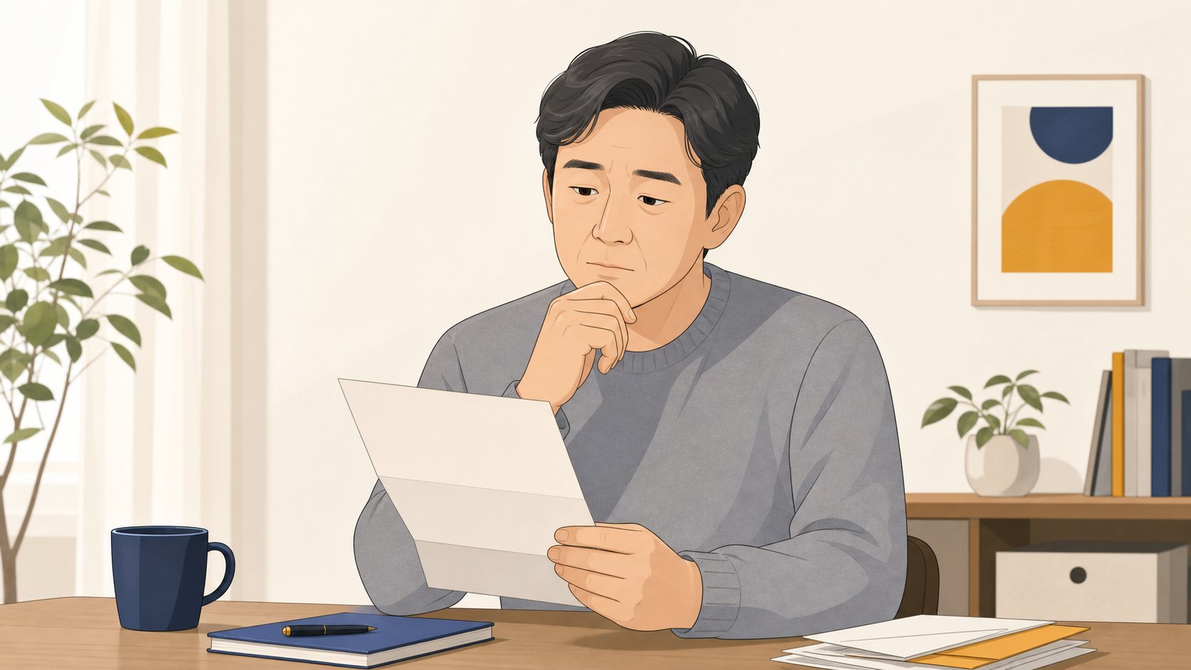 상조 연체 안내문을 받아 들고 차분히 상황을 살펴보는 모습