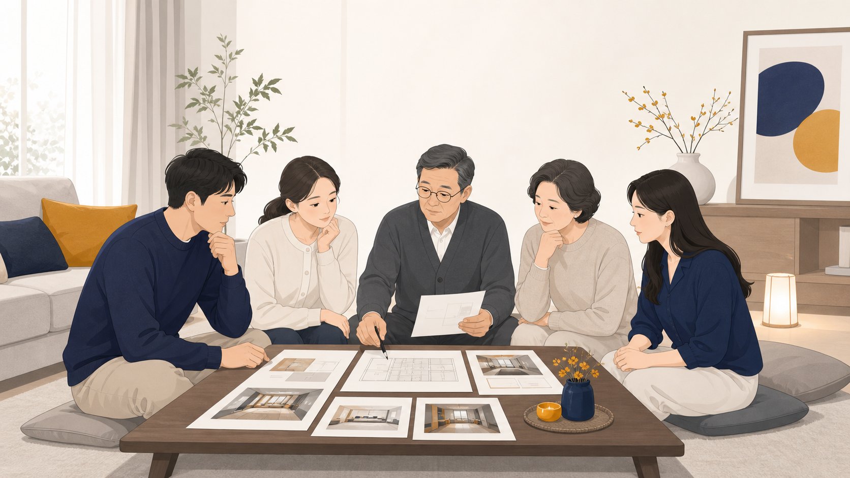 가족이 예상 조문객 수를 가늠하며 호실을 의논하는 거실 장면