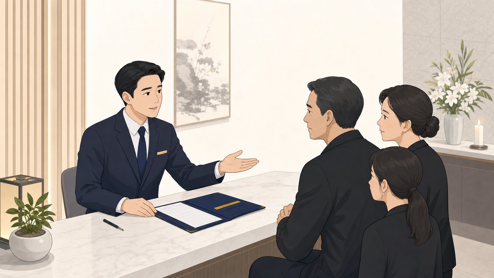 장례식장 안내데스크에서 장례지도사가 유족에게 절차를 안내하는 장면