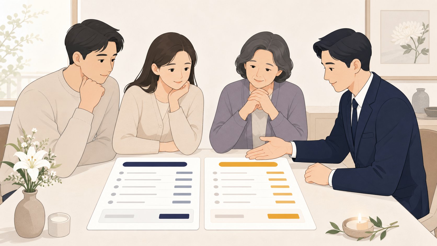 두 장례식장의 비용 견적을 나란히 비교하는 카드 화면