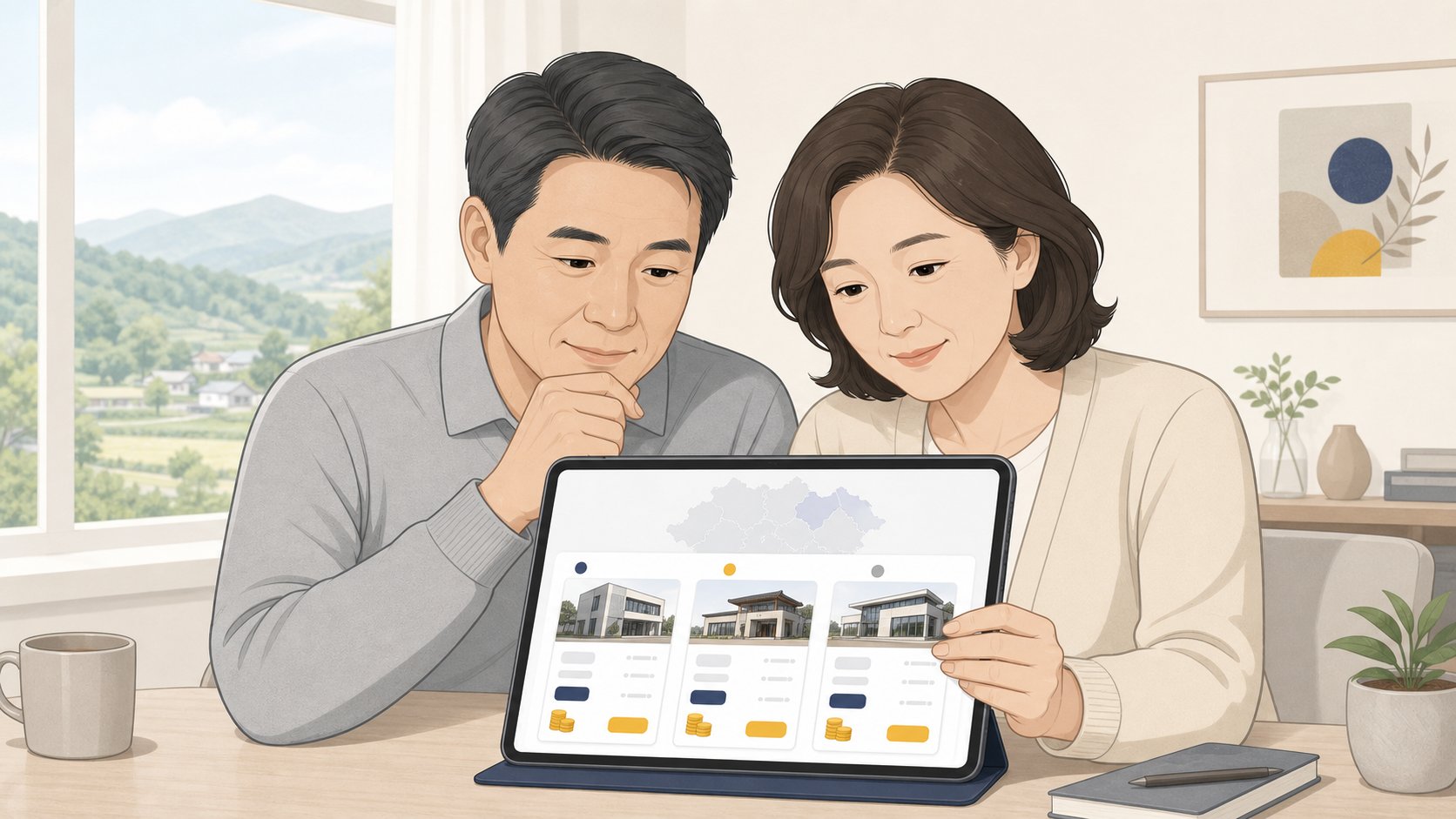 태블릿으로 충청도 장례식장 비용 정보를 비교하는 가족
